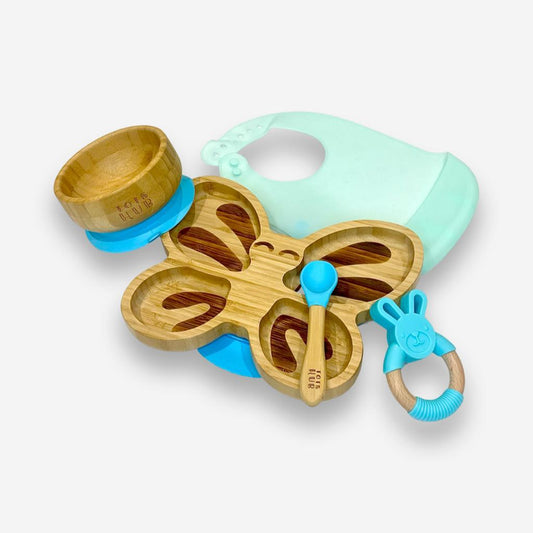 Butterfly Shaped Bamboo Suction Plate & Dinner Gift Set - Blue