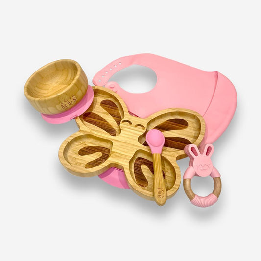 Butterfly Shaped Bamboo Suction Plate & Dinner Gift Set - Pink