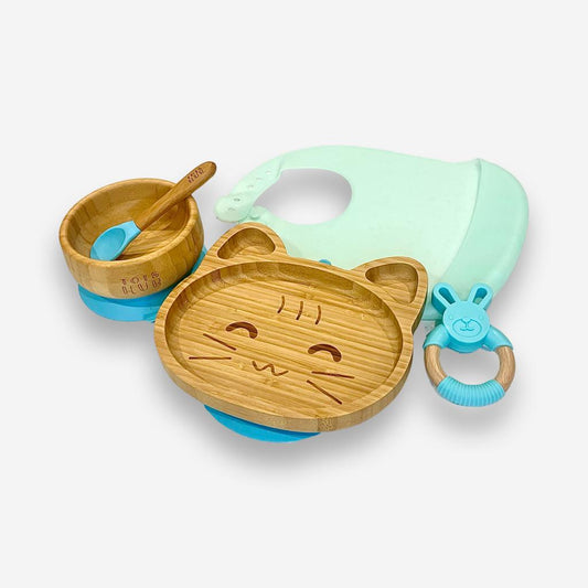 Cat Shaped Bamboo Suction Plate & Bamboo Suction Bowl Gift Set - Blue