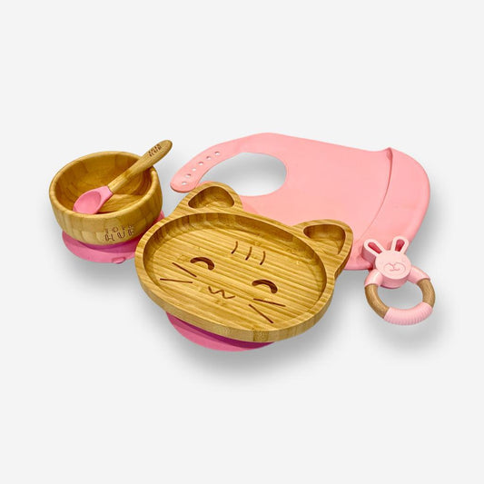 Cat Shaped Bamboo Suction Plate & Bamboo Suction Bowl Gift Set - Pink