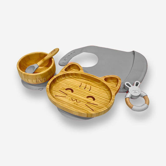 Cat Shaped Bamboo Suction Plate & Bamboo Suction Bowl Gift Set - Grey