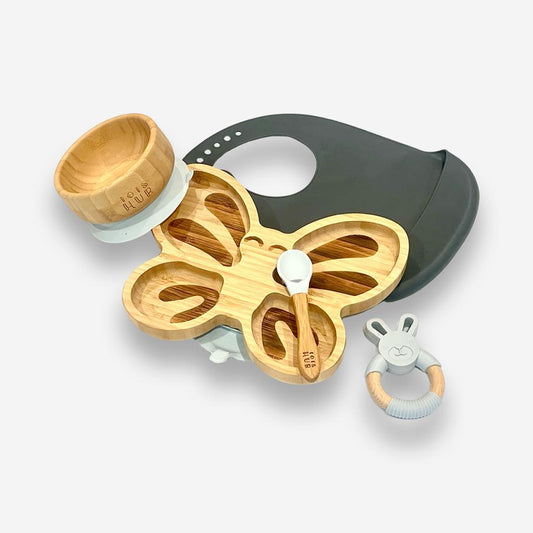 Butterfly Shaped Bamboo Suction Plate & Dinner Gift Set - Grey