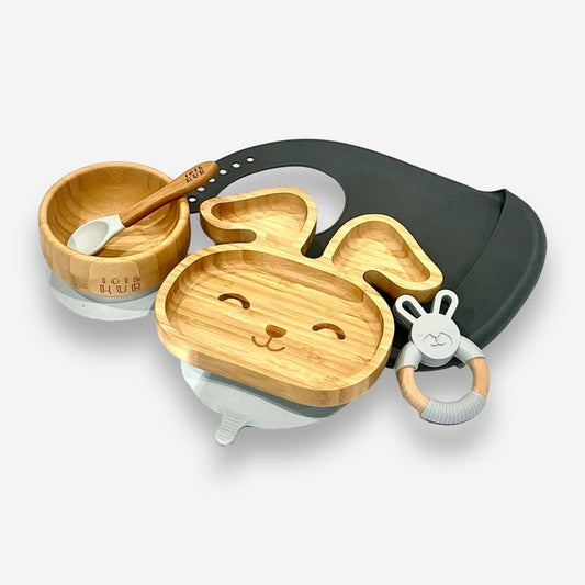 Bunny Shaped Bamboo Suction Plate & Suction Bowl Gift Set - Grey