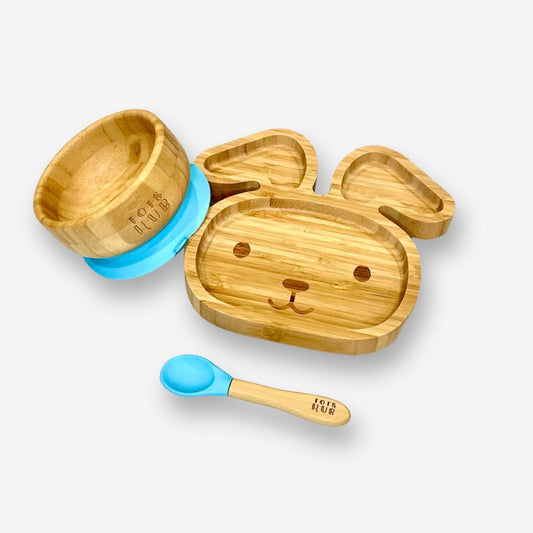 Bunny Shaped Bamboo Suction Plate & Bowl Set - Blue
