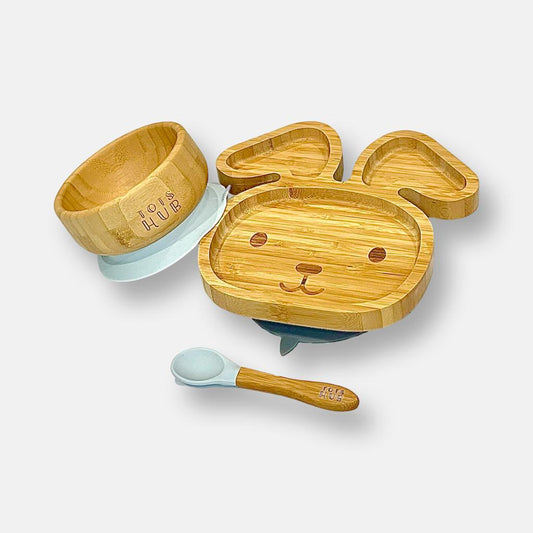 Bunny Shaped Bamboo Suction Plate & Bowl Set - Grey