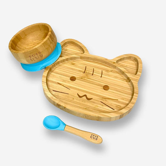 Cat Shaped Bamboo Suction Plate & Bowl Set - Blue