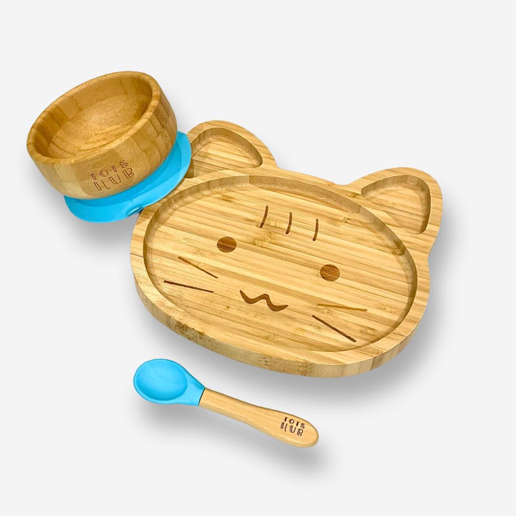 Cat Shaped Bamboo Suction Plate & Bowl Set - Grey