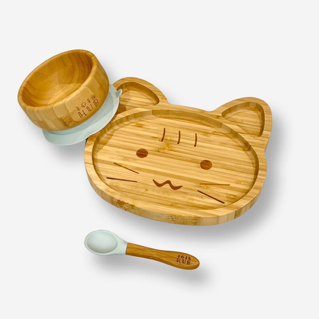 Cat Shaped Bamboo Suction Plate & Bowl Set - Grey