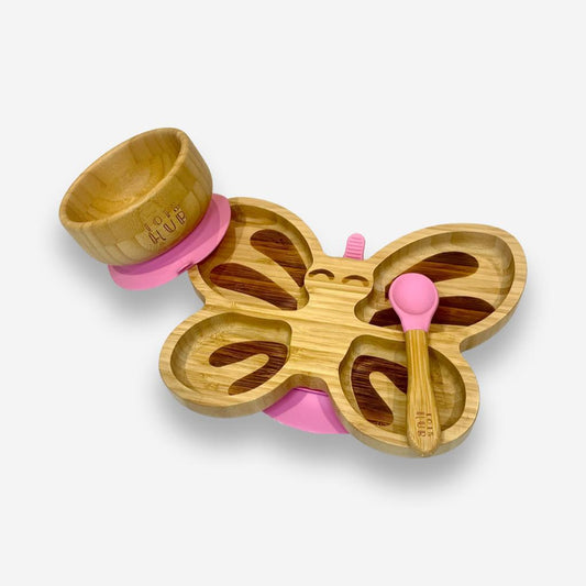 Butterfly Shaped Bamboo Suction Plate & Suction Bowl - Pink