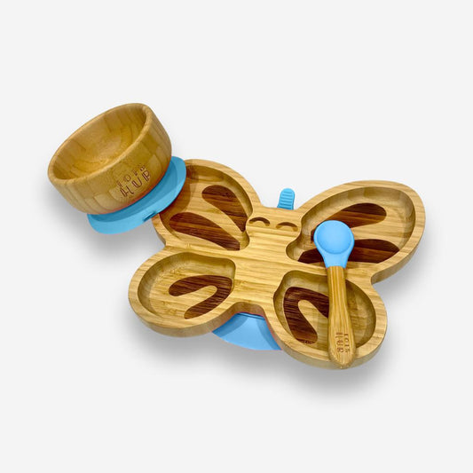 Butterfly Shaped Bamboo Suction Plate & Suction Bowl - Blue