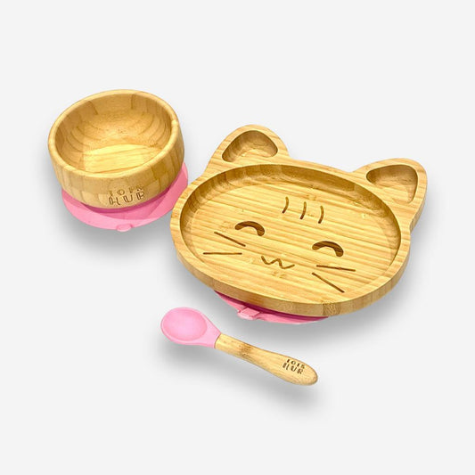 Cat Shaped Bamboo Suction Plate & Bowl Set - Pink