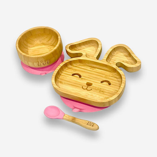 Bunny Shaped Bamboo Suction Plate & Bowl Set - Pink
